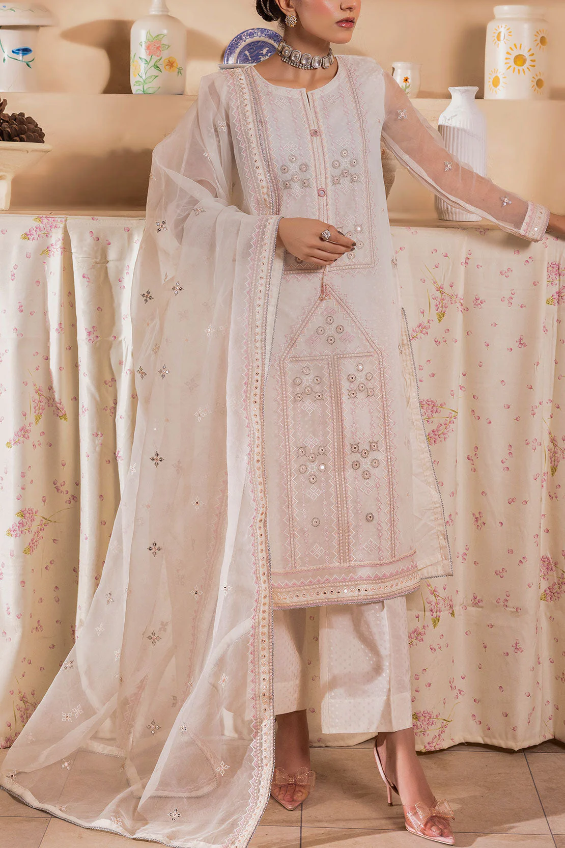 Luxury Pret Embroidered Self Jacquard Stitched 2 Piece (Shirt/Trouser) - Image 3