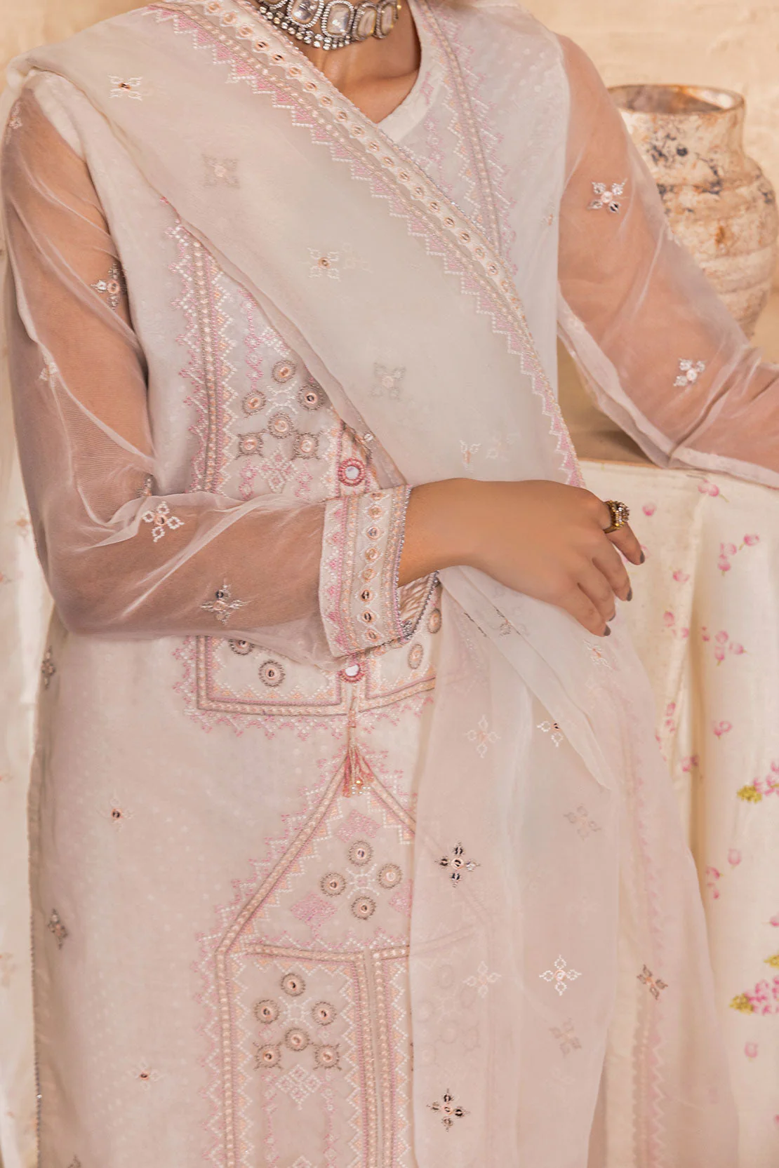 Luxury Pret Embroidered Self Jacquard Stitched 2 Piece (Shirt/Trouser) - Image 6