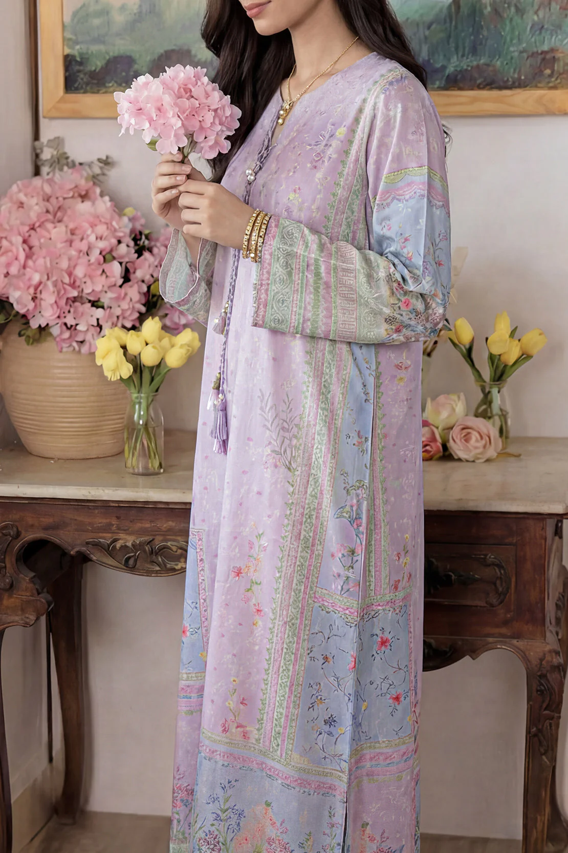 Printed Kaftaan Shamose Silk Stitched Dress - Image 3