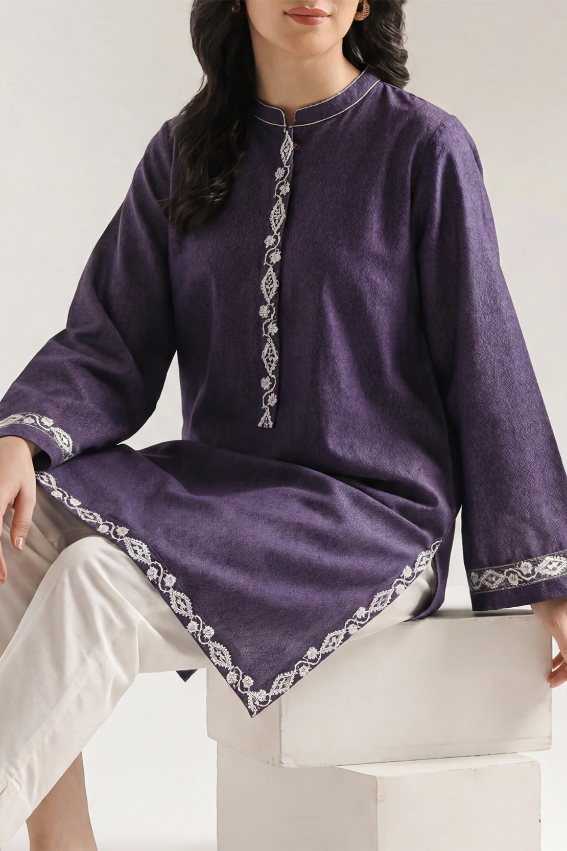 Solid Embroidered Karandi Stitched Shirt - Image 3