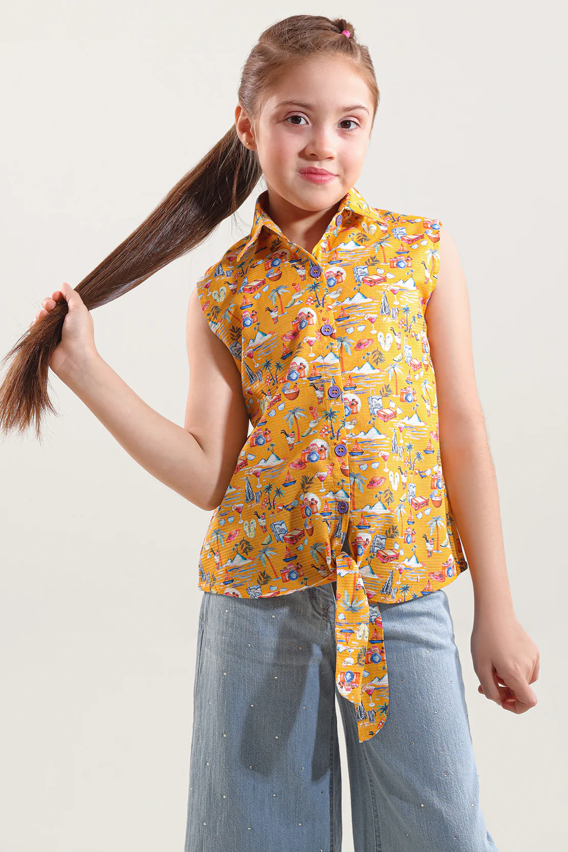 Stitched Cotton Dobby Printed Sleeveless Collared Shirt - Image 3