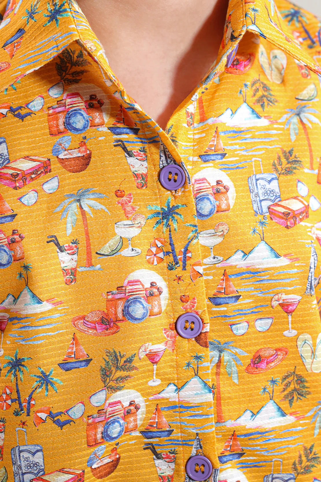 Stitched Cotton Dobby Printed Sleeveless Collared Shirt - Image 4