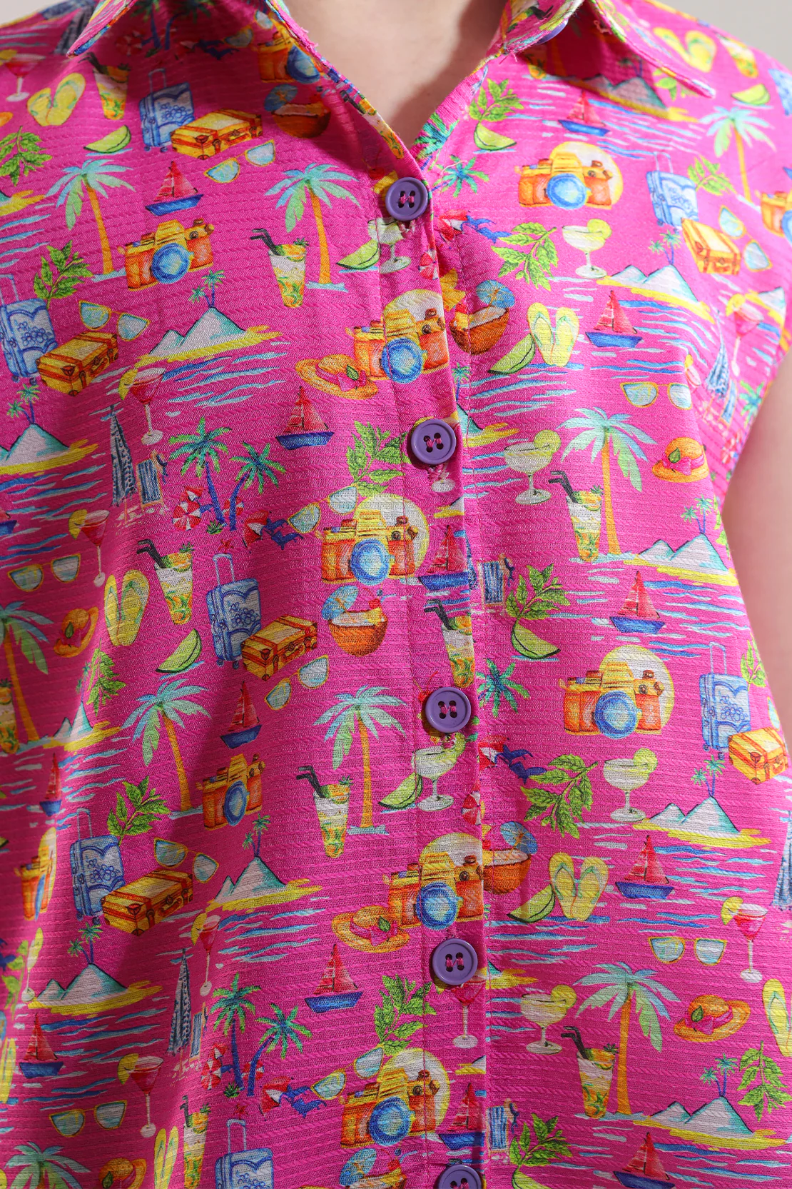 Stitched Cotton Dobby Printed Sleeveless Collared Shirt With Front Knot  For Kids - Image 4