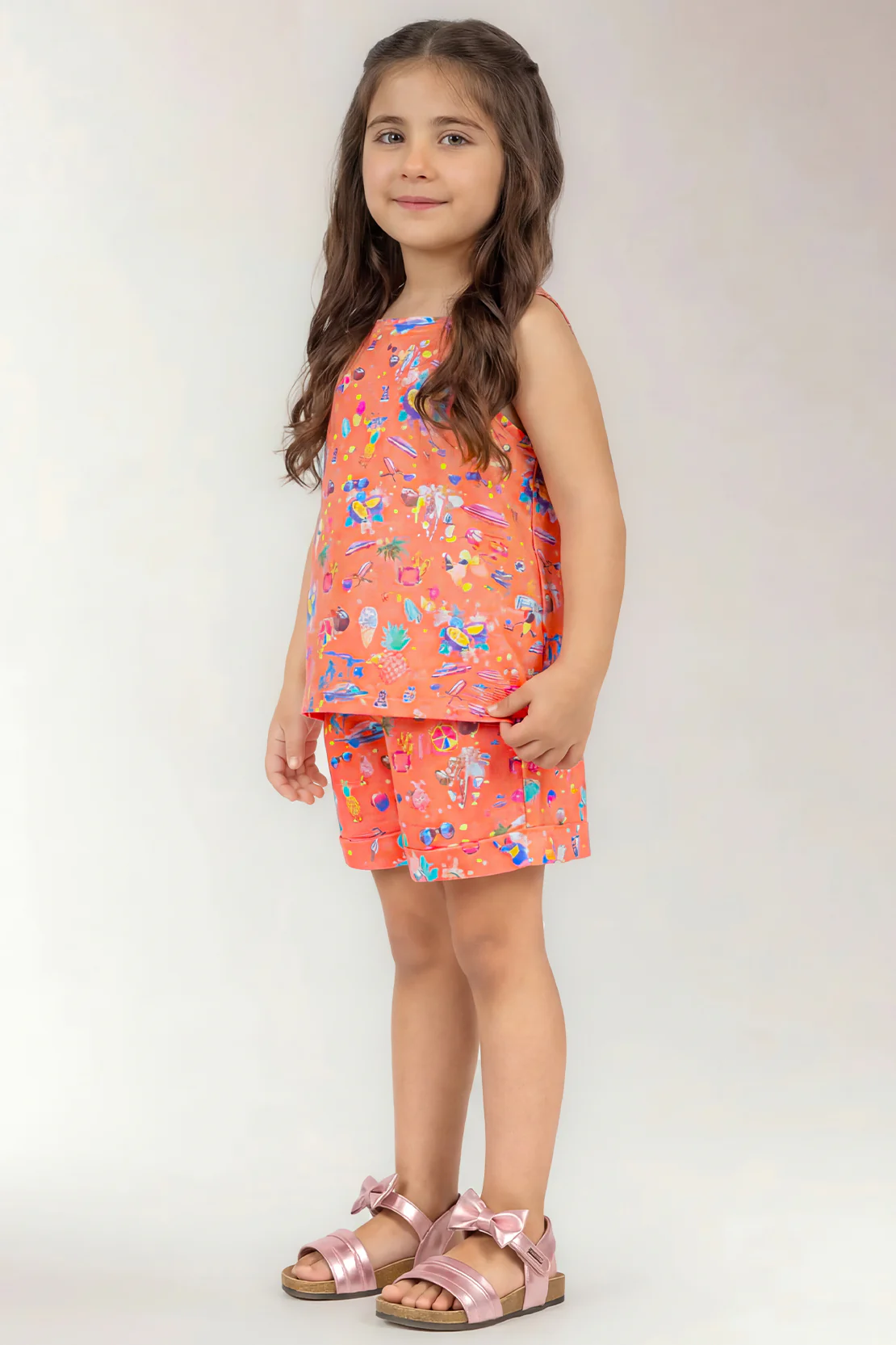 Stitched Cotton Dobby Tropical Printed Top & Shorts Co-ord Set For Kids - Image 3