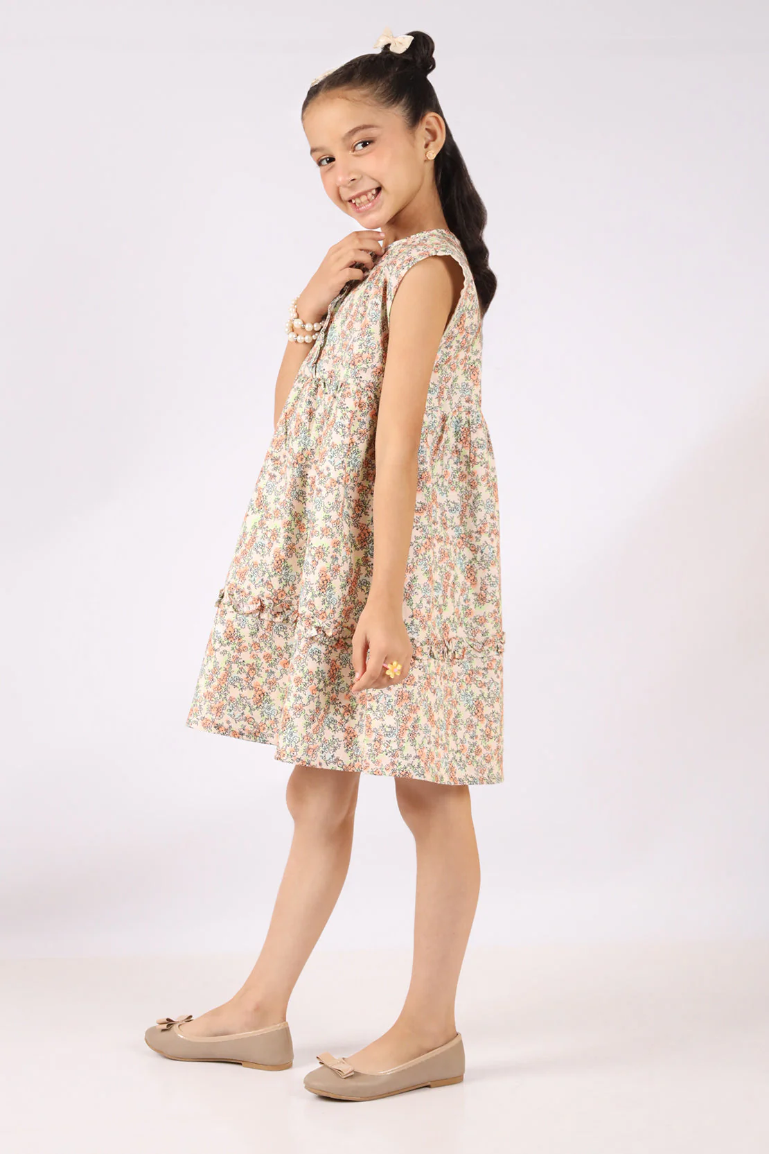 Stitched Cotton Dobby Sleeveless Tier Panel Floral Dress For Kid's - Image 3